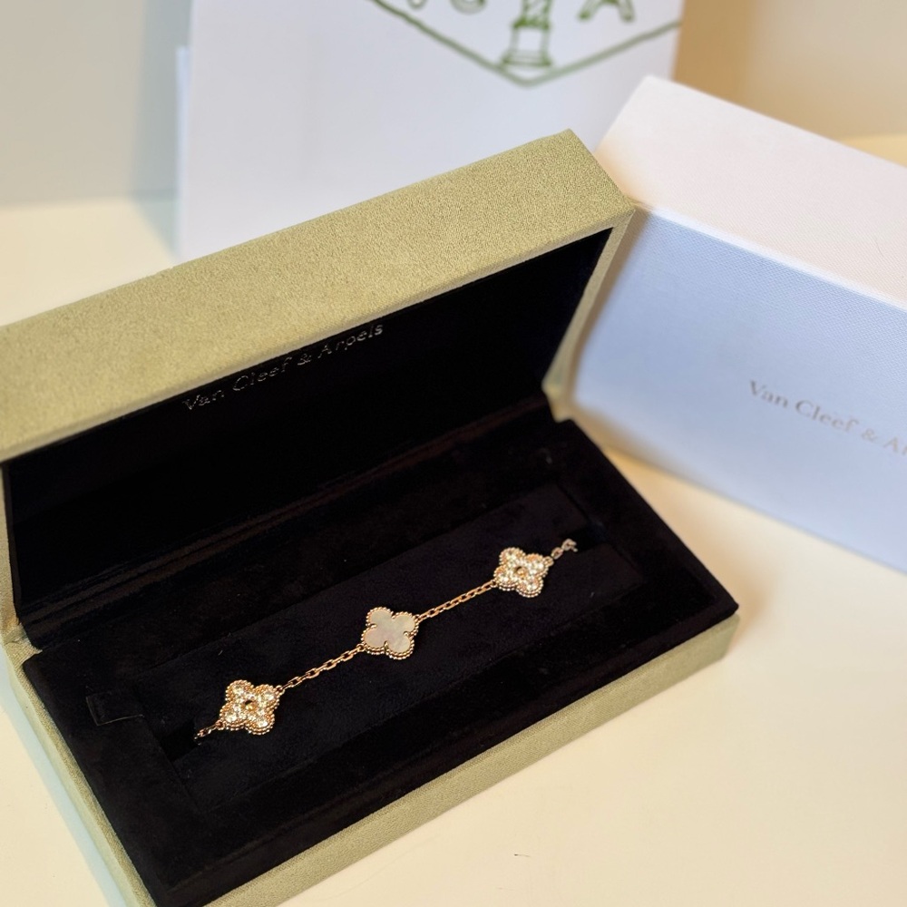 Rose Gold Van Cleef & Arpels 5 Motif Alhambra Bracelet Mother of Pearl